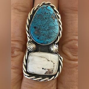 New White Buffalo & Turquoise Ring Sz 8 | Sterling Silver | 16.9g
